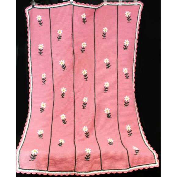 Hand Crochet Pink White Flower Pattern Green Blanket Throw Afghan Over Sized - Picture 1 of 12